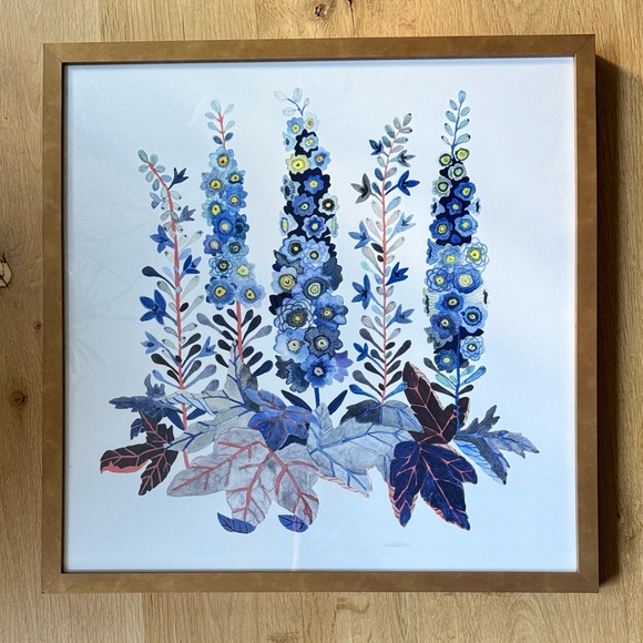 Blue and Red Floral Wall Art in Antiqued Gold Wooden Frame